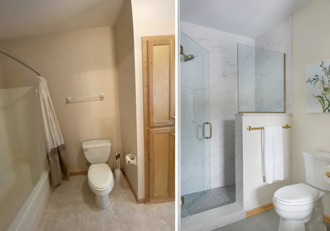 Before and after bathroom remodel replacing tub with a walk-in shower
